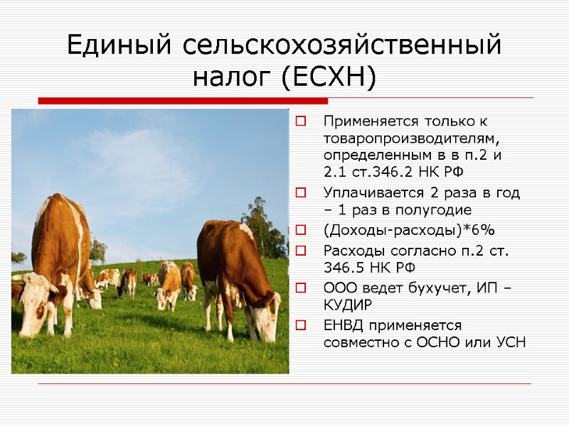 Единый сельскохозяйственный налог (ЕСХН) Применяется только к товаропроизводителям, определенным в в п.2 и 2.1